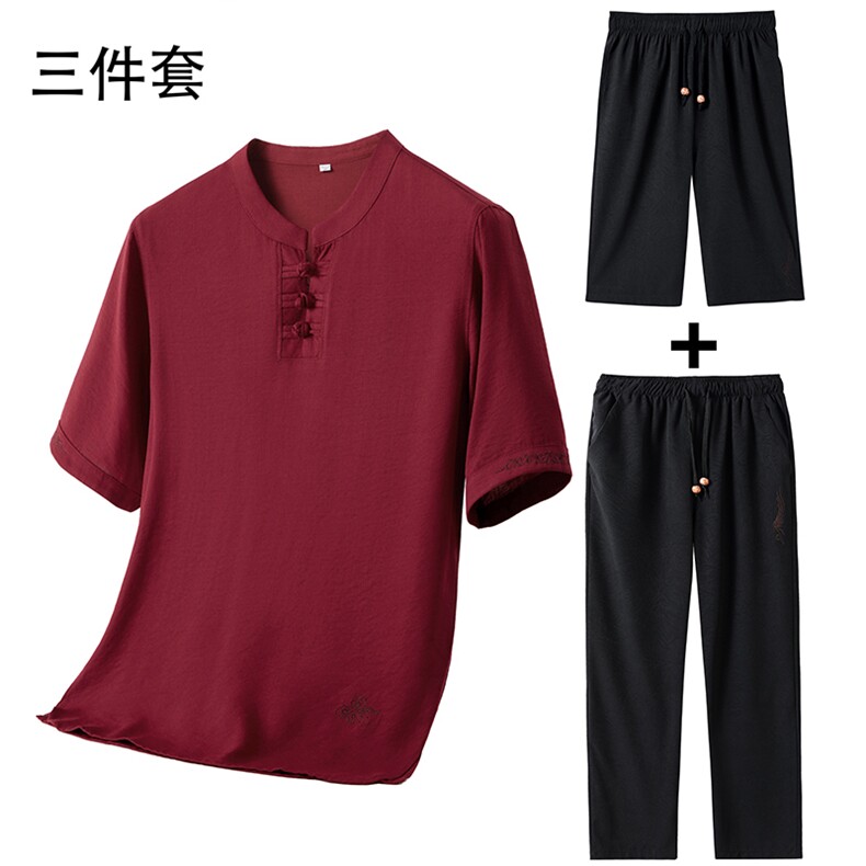 2025夏季亚麻绣花大码风男士透气长裤+短裤三件套MJ5105-P70,男装牛仔裤,星座1105-3