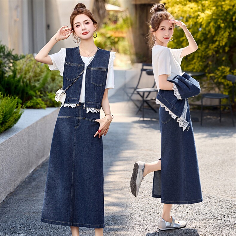 轻熟牛仔时尚套装女2025夏季新款韩系穿搭洋气马甲半身裙三件套，女装套装/套裙，艾仟回(原伊仟回)