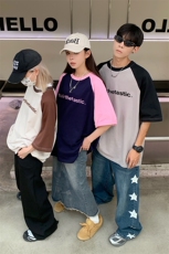 情侣装夏装拼接插肩袖情侣印花短袖T恤衫宽松上衣男G1050P35女，男装T恤，电商A339