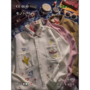 美式卡通刺绣华夫格长袖衬衫女潮牌宽松休闲情侣衬衣WLC30144-p48图片