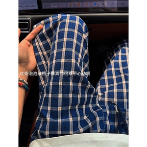 美式高街潮牌男女泡泡格子休闲裤直筒宽松慵懒显瘦阔腿休闲长裤子图片