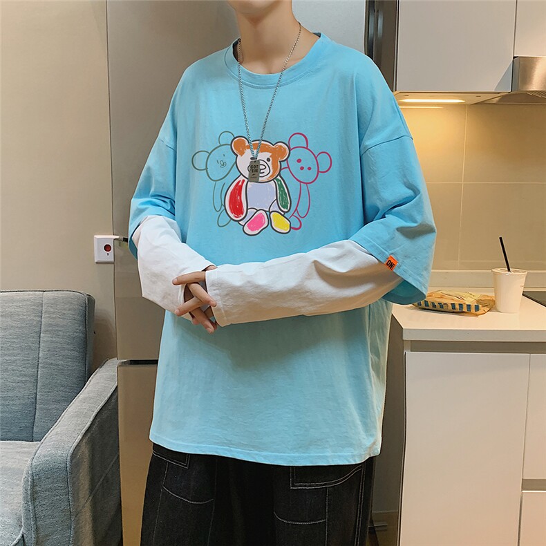 中性秋季潮流印花全棉百搭打底衫假两件长袖T恤T152P35控48,男装T恤,A247A