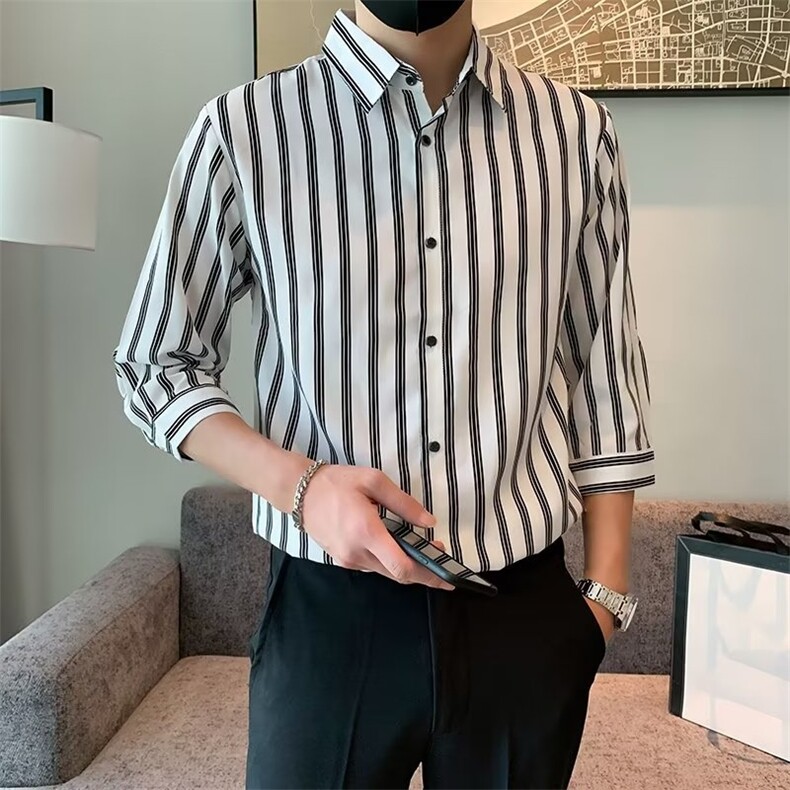 春季潮流青春流行男衬衫文艺标准百搭条纹简约七分袖CS156-8,男装衬衫,星座1116A-2（原606A-1）