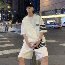 夏季新款潮流个性时尚三条杠休闲短袖套装男宽松大码运动情侣款，男装休闲套装，星座506