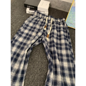 网图有货 夏季藏青色格子休闲裤男薄款慵懒宽松阔腿裤女 A682-P32图片