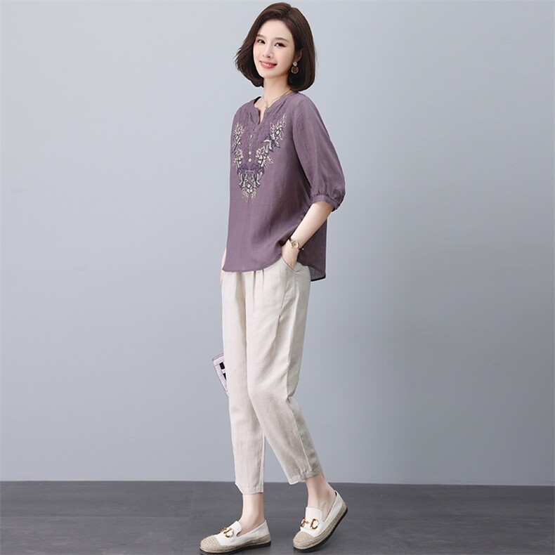 纯苎麻套装女2024新款刺绣夏装搭配一整套中年妈妈刺绣休闲两件套,女装套装/套裙,忆绮罗