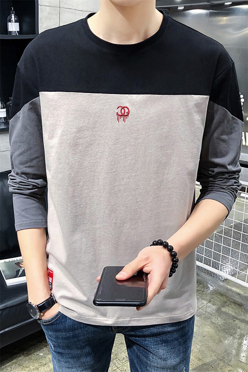 男装2021春季新款撞色纯棉T恤男长袖圆领修身体恤潮流DS331TP30,男装T恤,电商A102