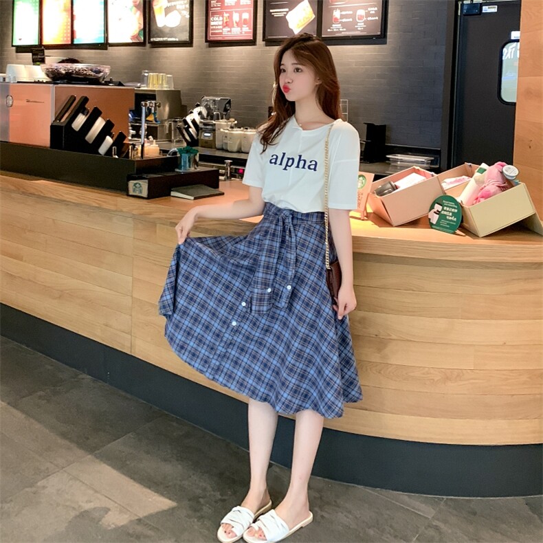 系带格子裙T桖套装2021年夏季时尚潮流舒适,女装套装/套裙,卡莱