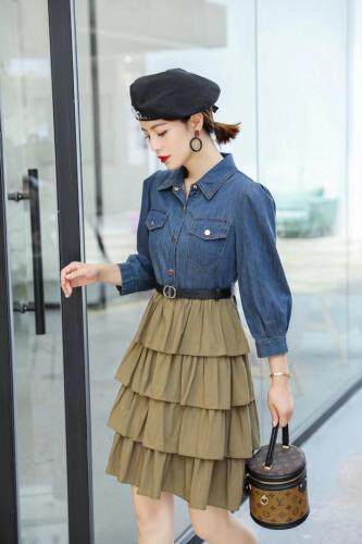 【秋季新款】时尚牛仔拼接连衣裙泡泡裙，女装连衣裙，笑思源