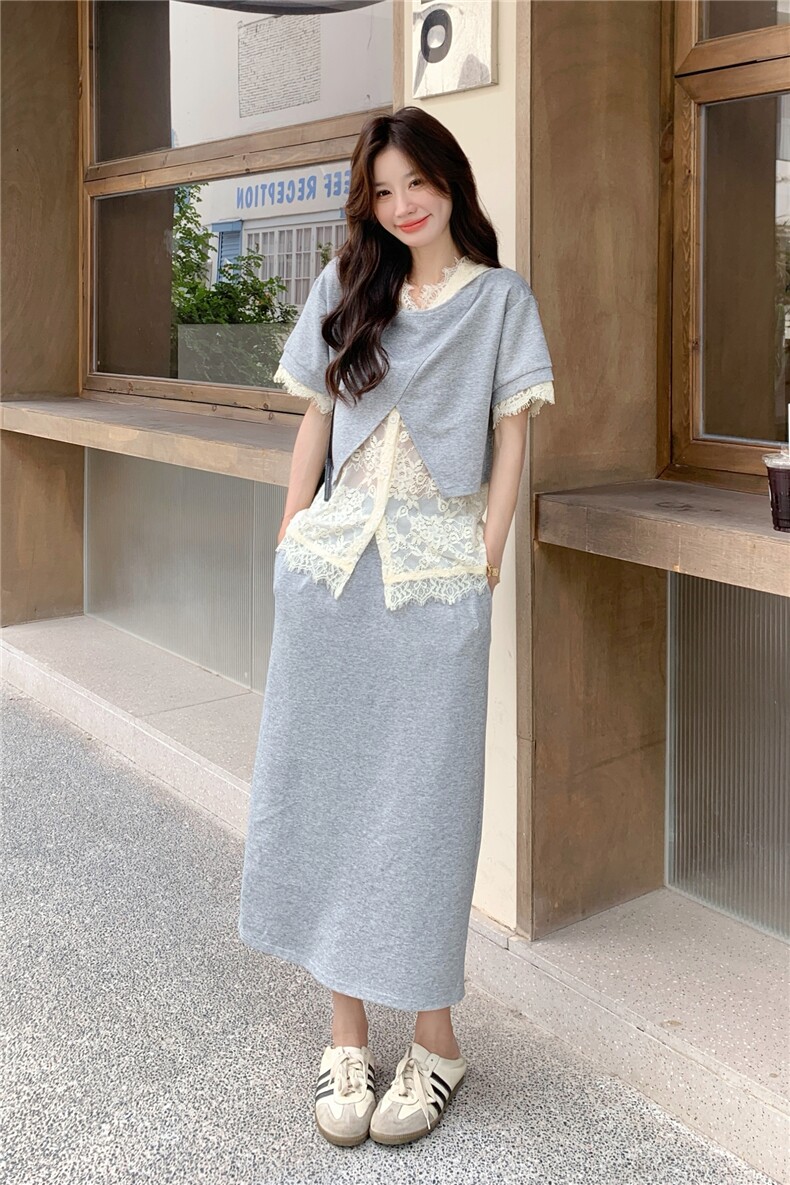 设计感时尚短袖卫衣蕾丝打底衫三件套装女2025夏季新款休闲半身裙,女装套装/套裙,2C133