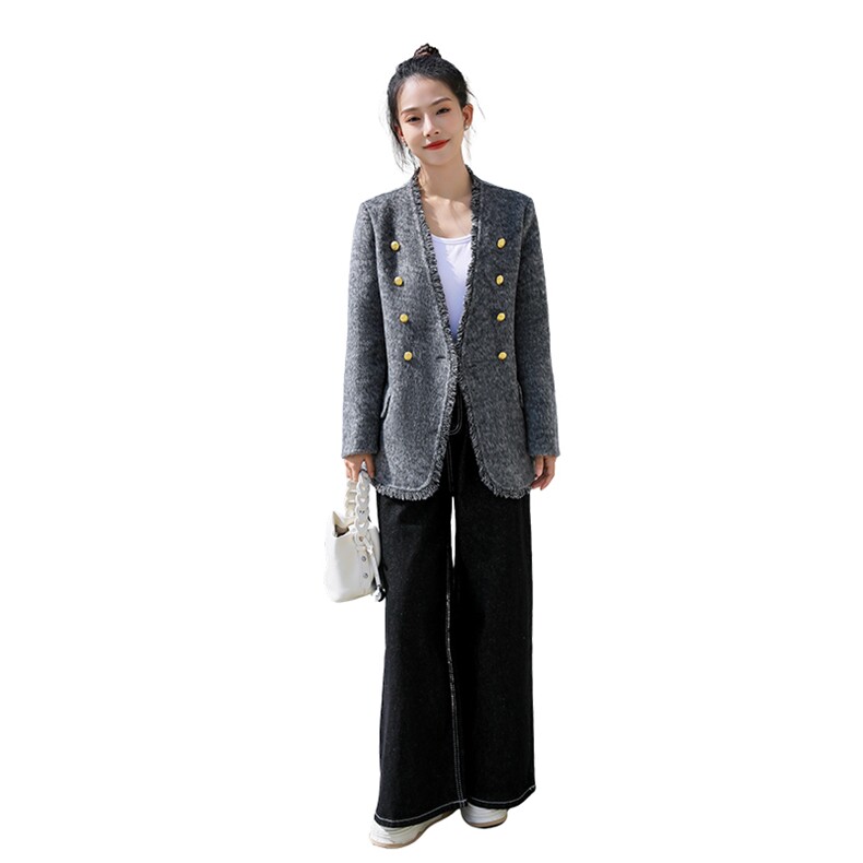 小香风流苏毛边双面呢大衣女2025秋冬季新款高端气质羊毛西装外套,女装毛呢外套,丝露怡语