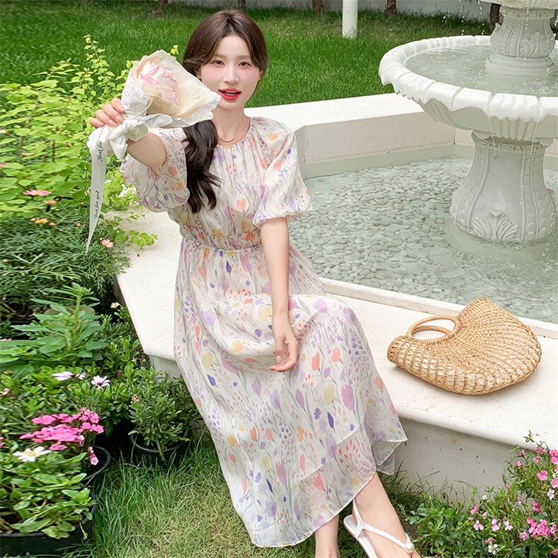 Tone法式多巴胺碎花连衣裙女森系2025夏新款少女甜美中长初恋裙，女装连衣裙，天使之佳话