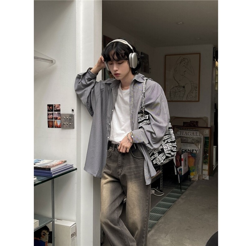 条纹休闲衬衫男春季宽松长袖衬衣韩版潮流翻领上衣710-808,男装衬衫,星座710