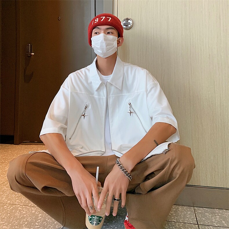 S2030-P38美式嘻哈风冰丝设计感拉链五分袖衬衫,男装衬衫,星座1501-1