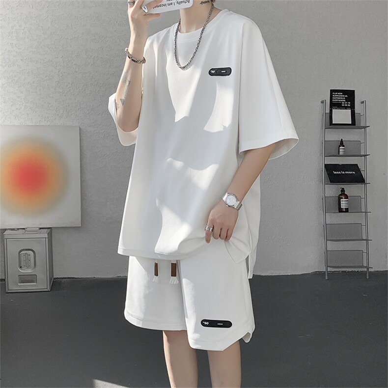 特批P55无差价夏季港风百搭贴标大码五分短袖短裤套装男TZ5593，男装休闲套装，电商A001-1