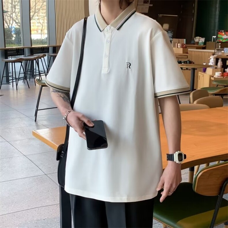 男纯色慵懒2023潮气质文艺潮流POLO衫青春流行夏季标准五分袖图片