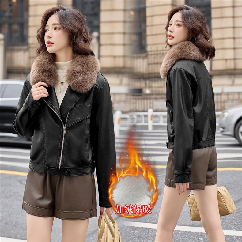 2025年冬季新款现货加绒保暖皮衣外套（毛领可脱卸），女装皮衣，臻衣坊