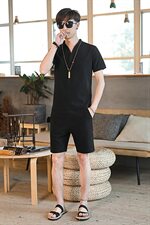 DY22*2021夏季男士棉麻短袖T恤套装大短裤两件套装男灰蓝*P38，男装T恤，星座1516（原B303）