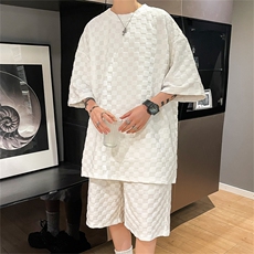 TZ84647/P60夏季新款格子短袖短裤t恤休闲宽松大码两件套套装男，男装休闲套装，电商A141