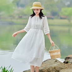 2026年夏季文艺/优雅约会旅游逛街表白女士短袖大摆型苎麻婚礼，女装连衣裙，江南依恋