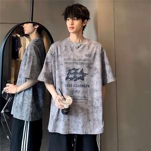 新款美式水洗做旧喷脏短袖男女宽松设计T恤T709-p28图片