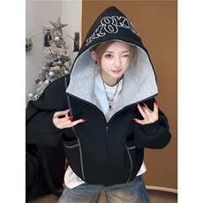 1506-1/WF391/P58刺绣字母明线连帽卫衣外套男女情侣潮上衣，女装短外套，星座1506-1