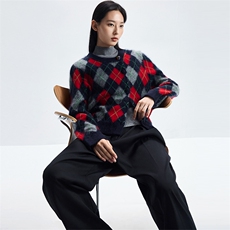 2025年秋季长袖菱形格拉绒开衫时尚百搭通勤休闲，女装羊绒衫，致织羊绒