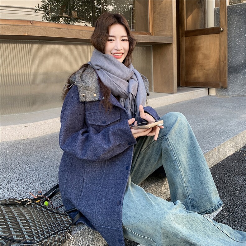 撞色连帽拼接羊毛蓝色毛呢外套女秋冬2025新款小个子流行爆款大衣,女装毛呢外套,2C327