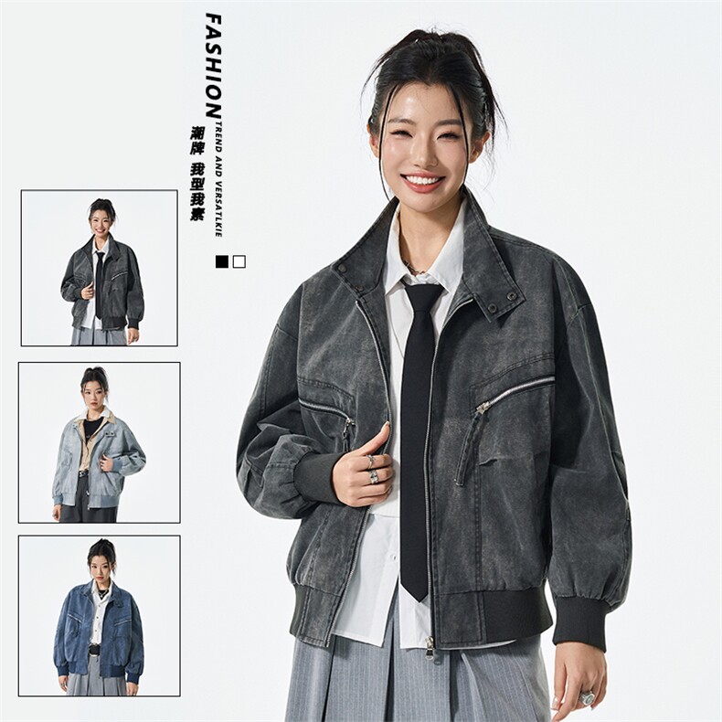 美式复古做旧立领工装夹克男生牛仔色翻领短款外套JS5616-P100,男装夹克,星座610（原A335）