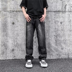 美式复古高街设计感刺绣泼墨宽松牛仔裤男夏季直筒长裤N112-P43，男装牛仔裤，星座308B-1