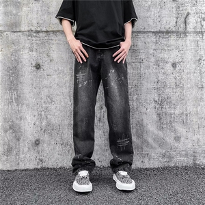 美式复古高街设计感刺绣泼墨宽松牛仔裤男夏季直筒长裤N112-P43图片