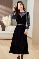 映雪照荧2024年秋季新款收腰显瘦长袖丝绒拼接蕾丝中长连衣裙，女装连衣裙，江南富贵女