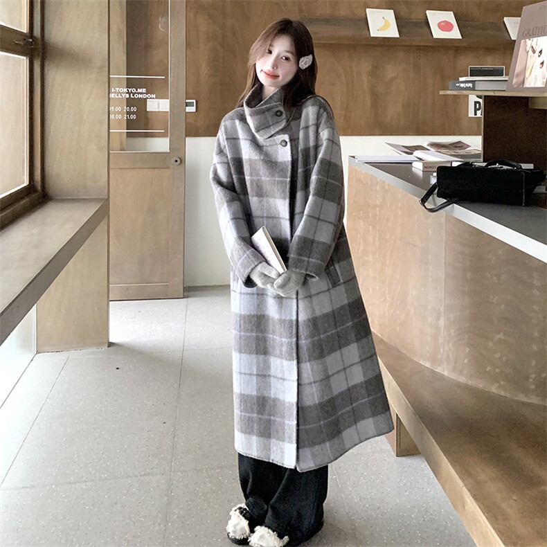 灰色格纹双面呢大衣女中长款2024冬季韩系设计感气质时尚毛呢外套,女装双面呢大衣,千千佰惠