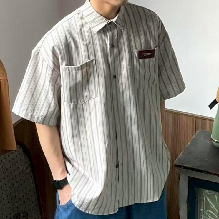 598-P29日系简约条纹贴标短袖衬衫女2025夏季新款休闲，男装T恤，电商B323A