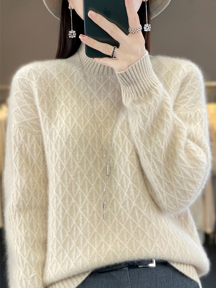 时尚优雅纯澳毛半高领女士羊毛衫舒适百搭显瘦针织衫,女装羊毛衫,莺澜羊绒