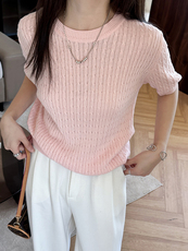 纯棉夏季新款圆领麻花短袖女时尚百搭上衣显瘦针织打底衫，女装针织衫/毛衣，洁纯羊绒
