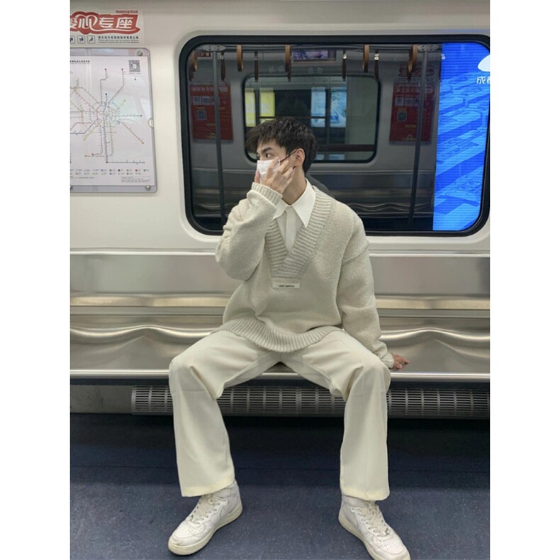 白杏色重磅V领套头毛衣文艺范复古毛衫针织衫M6318,男装针织衫/毛衣,星座1116A（原606A-3）