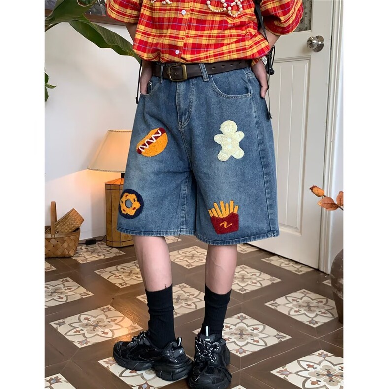 夏季趣味刺绣水洗牛仔短裤男美式街头宽松休闲百搭情侣直筒五分裤图片