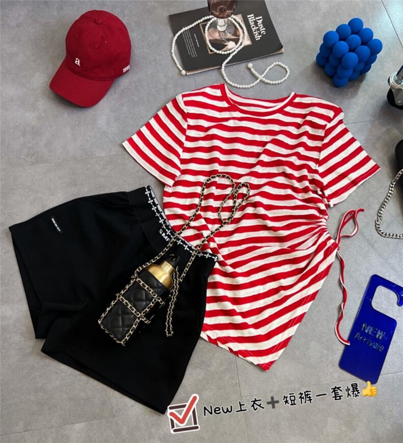 夏季新款条纹不规则抽绳短袖，其它，AT(2F)