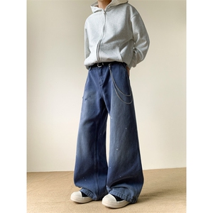 美式复古法工蓝泼墨cleanfit牛仔裤男宽松直筒拖地裤子N0752-P53图片