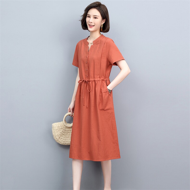 棉麻连衣裙女2025年夏季新款气质减龄收腰显瘦中年妈妈亚麻中长裙图片