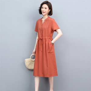 棉麻连衣裙女2025年夏季新款气质减龄收腰显瘦中年妈妈亚麻中长裙图片