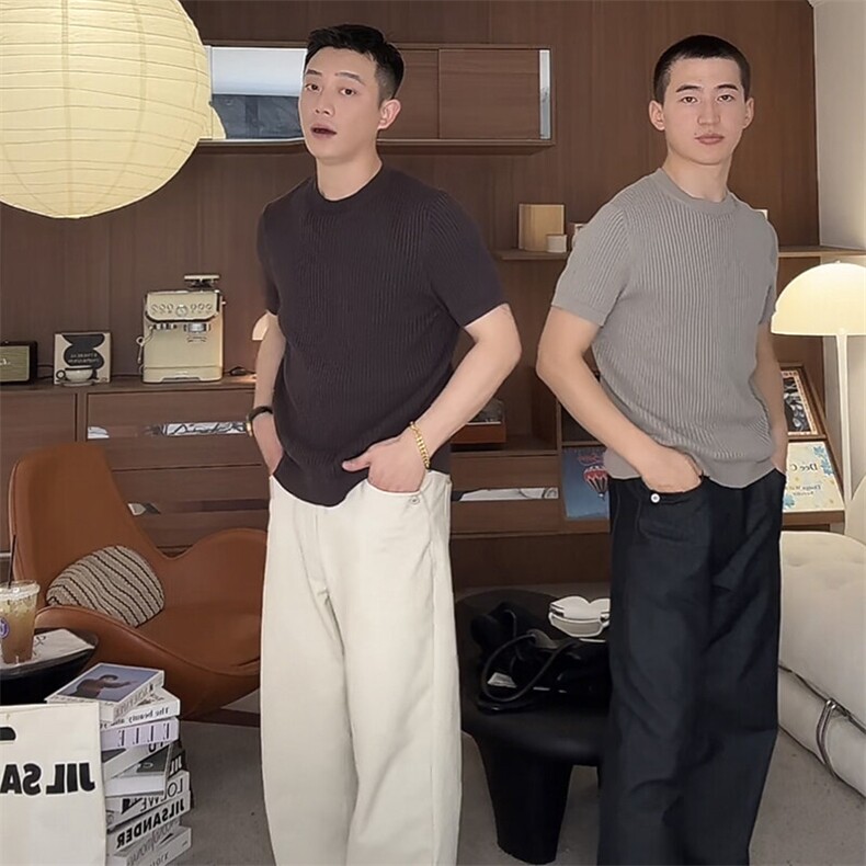 夏季薄款圆领短袖针织衫套头微宽松轻熟风条纹M5635-P45,男装针织衫/毛衣,星座1012-1