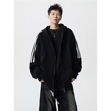 8XL-M秋冬美式运动三条杠条纹开衫卫衣连帽特大码宽松JK5206/P65，男装卫衣，电商B238