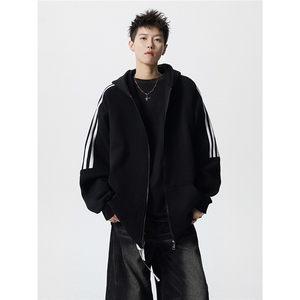 8XL-M秋冬美式运动三条杠条纹开衫卫衣连帽特大码宽松JK5206/P65图片