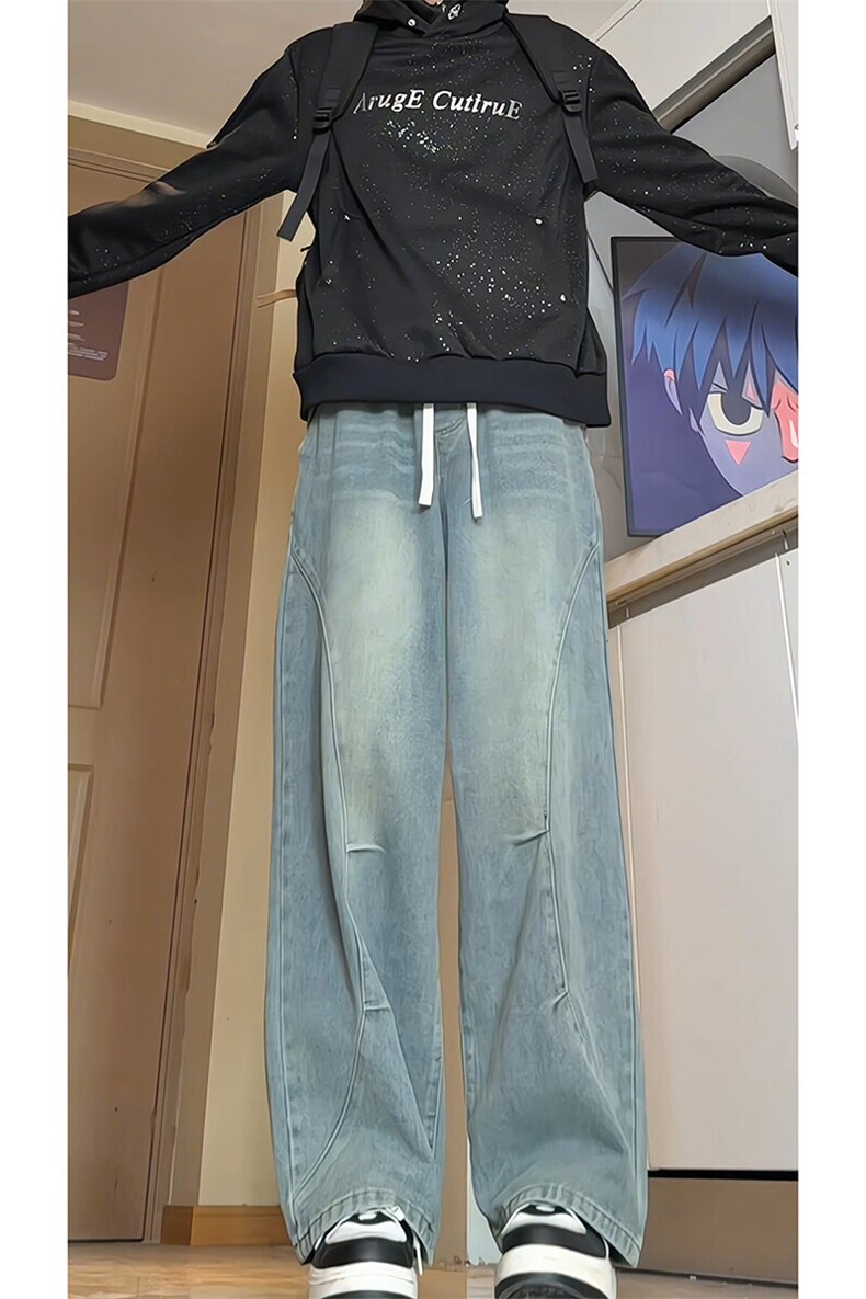 水洗弯刀牛仔裤男2025春季新款拼接设计感直筒裤子-A1427TP48控88,男装牛仔裤,电商B241