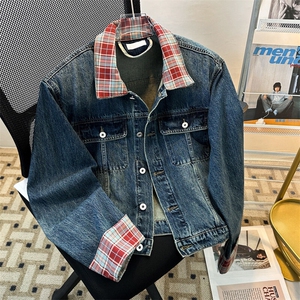 拼接格纹翻领牛仔外套男春秋设计感宽松夹克潮JK08312-P72有垫肩图片