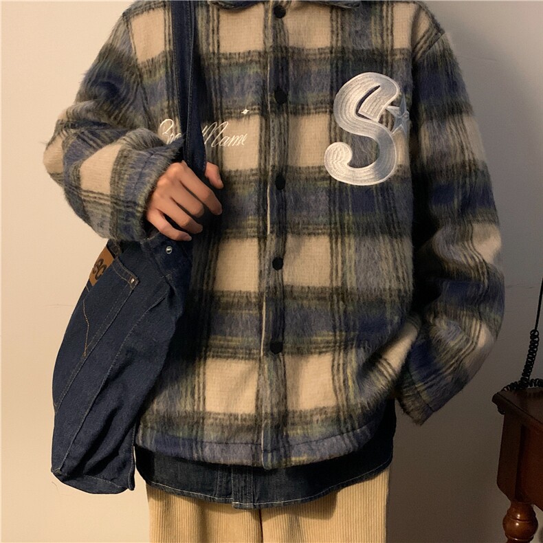 高级感小香风格子毛呢外套衬衫男女刺绣加厚冬季夹克棉服J8111,男装夹克,星座1116A-1（原606A）