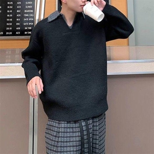 重磅北极绒假两件衬衫领毛衣美式高街复古休闲慵懒纯色翻领针织衫图片