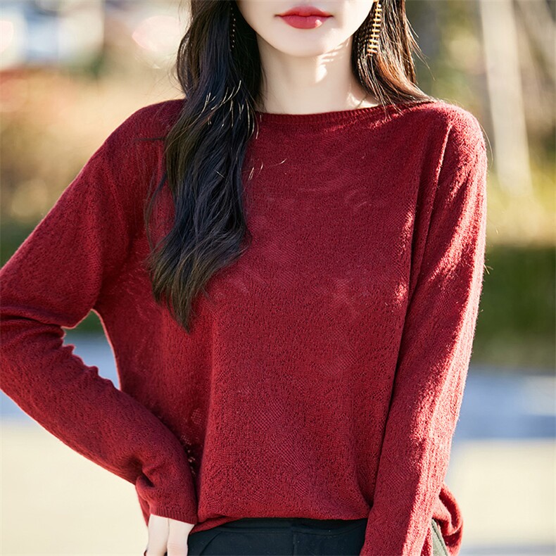 春秋款圆领精纺羊毛衫女蕾丝镂空钩花针织毛衣宽松打底衫长袖上衣,针织衫/毛衣,佰米娇羊绒